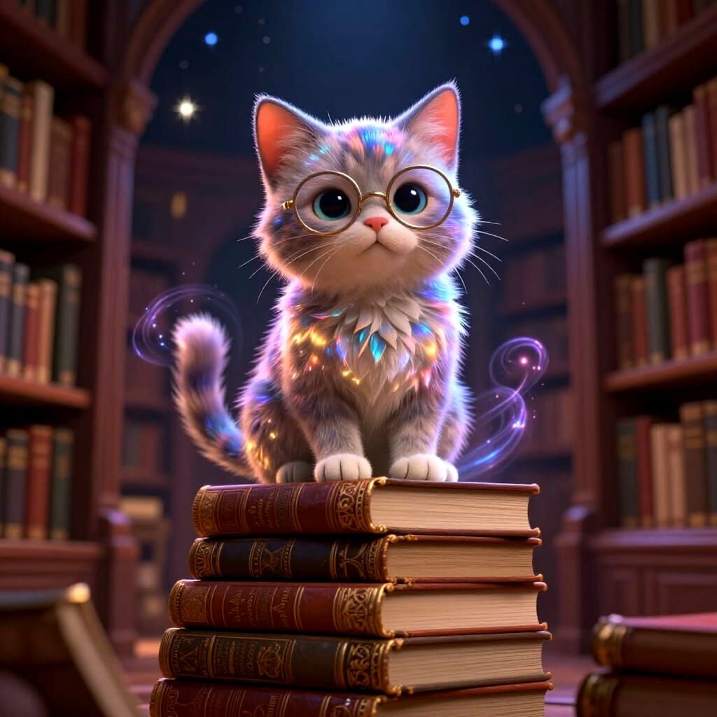 Magical Cat Scholar in Starry Library, 3D Rendered