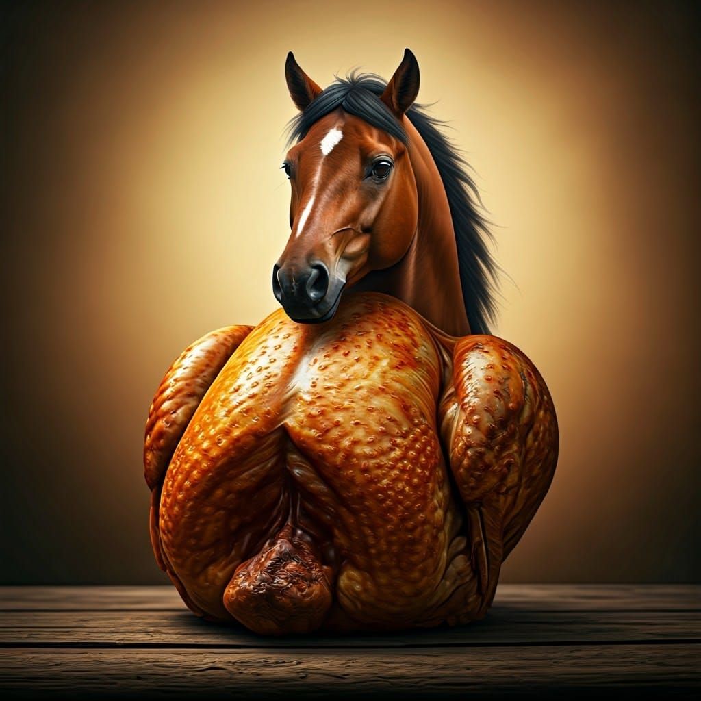 Equestrian Fowl, a Hyper-Realistic Horse-Chicken Hybrid