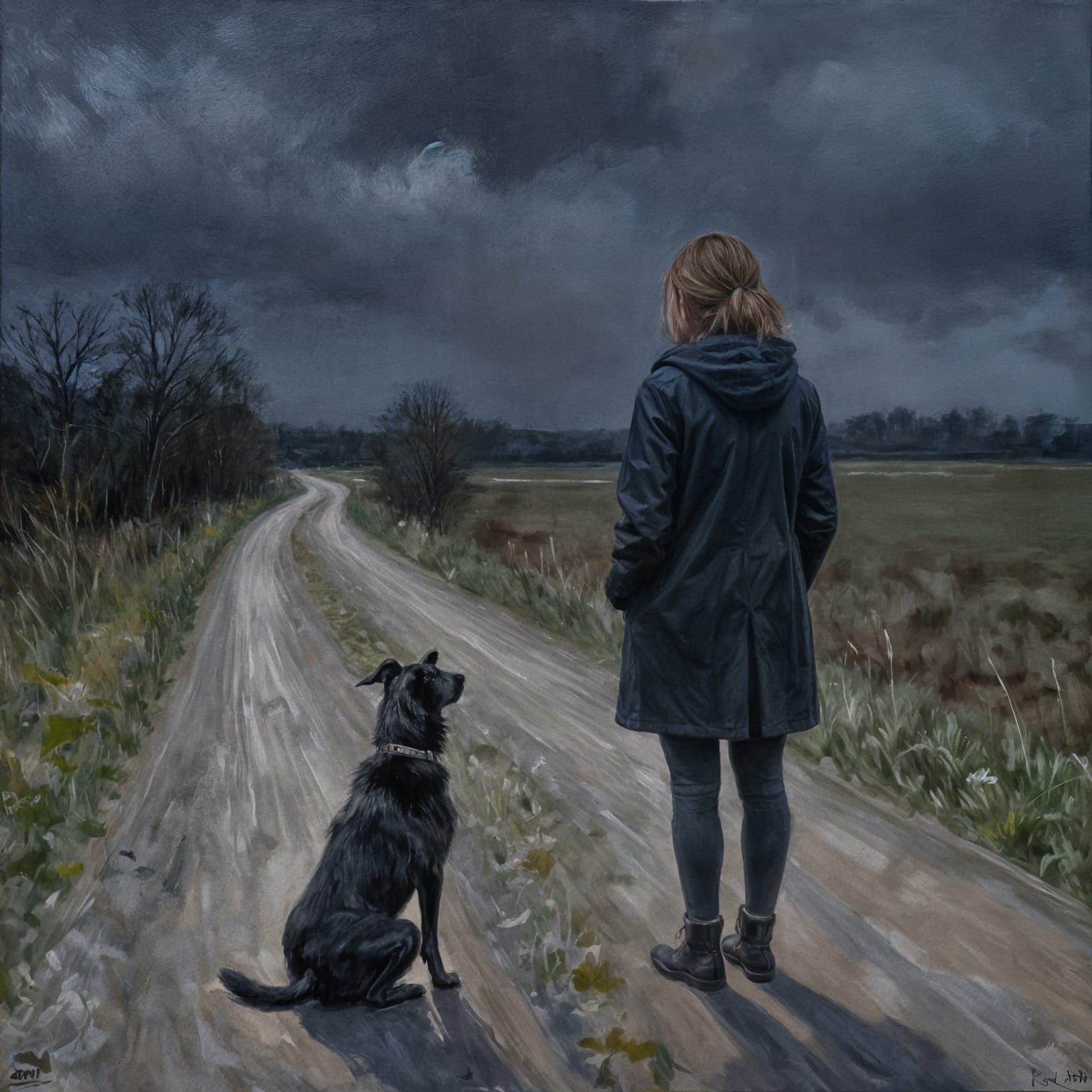 Lone Woman Walks Dark Path with Dog, Acrylic Art