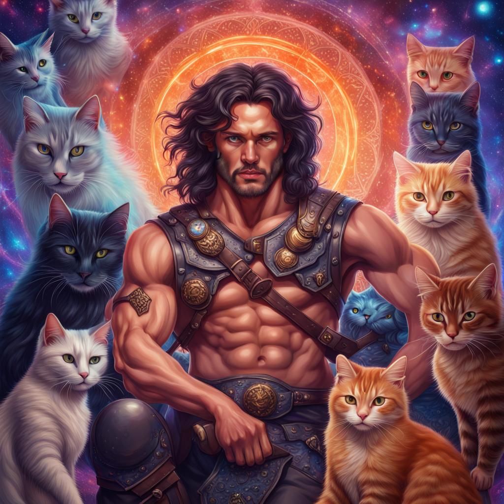 Robust Highland Warrior Amidst Whiskered Feline Guardians