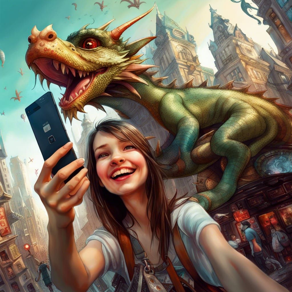 Gorgeous Fantasy Cityscape with Girl and Dragon