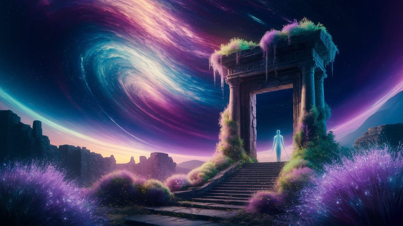 Surreal Gateway to Nebula in Vivid Cosmic Dreamscape