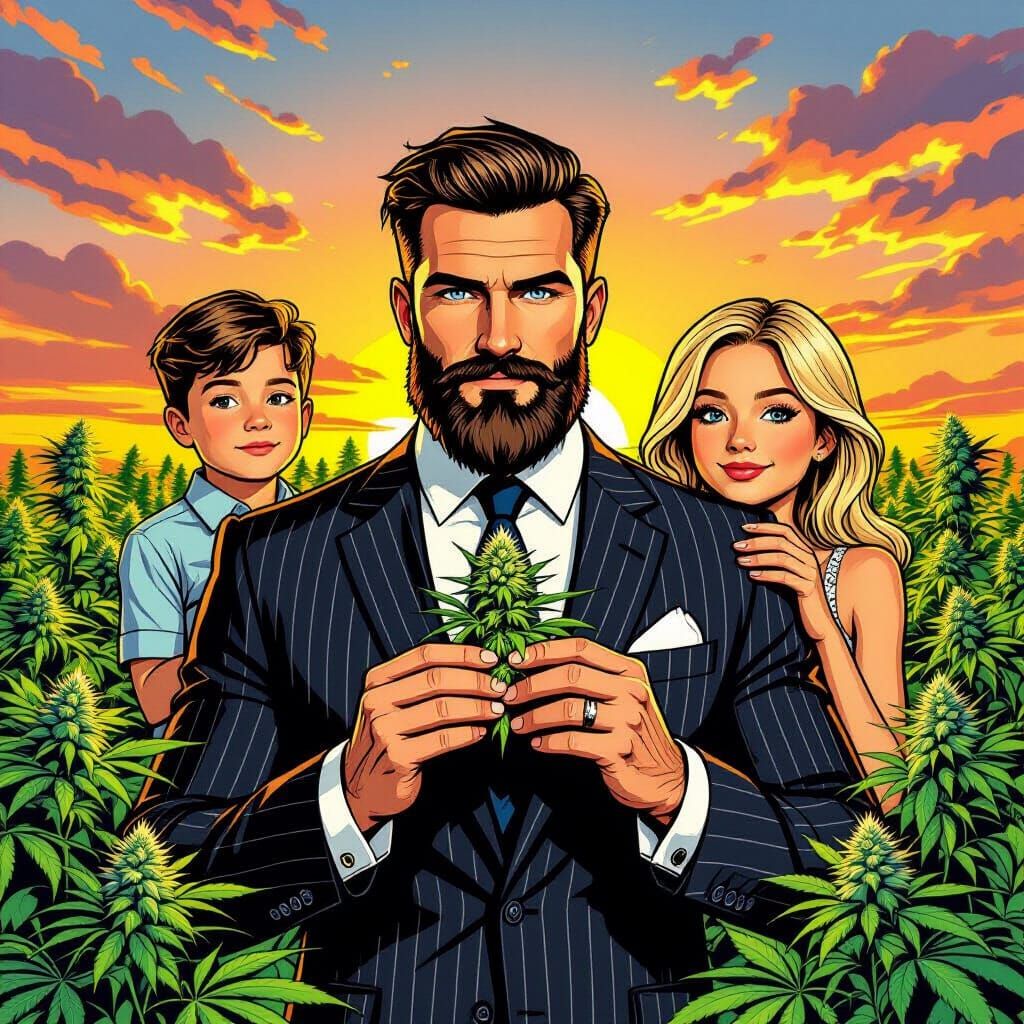 Family Man in Cannabis Field, Comic Book Art Style