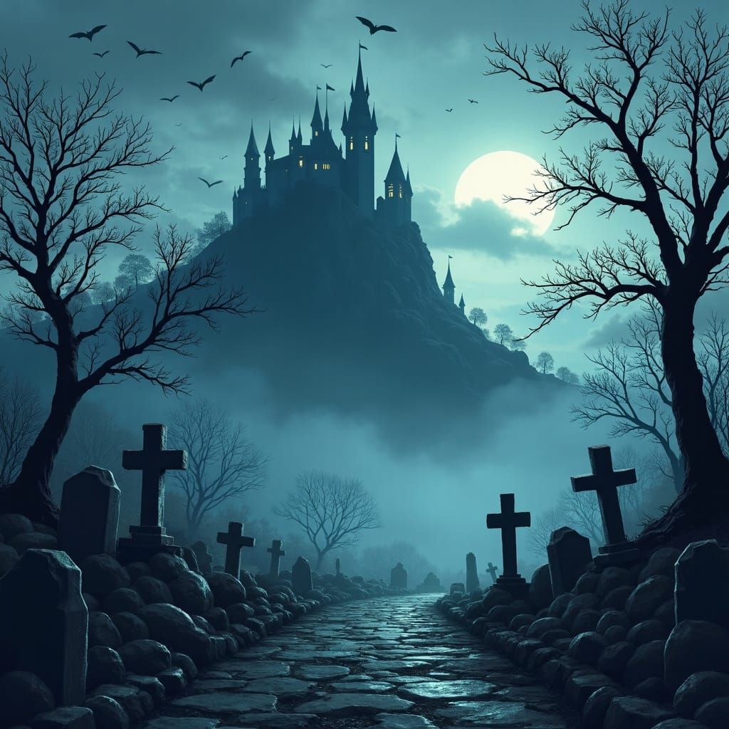 Spooky Horror Castle and Cemetery in Comic Book Style