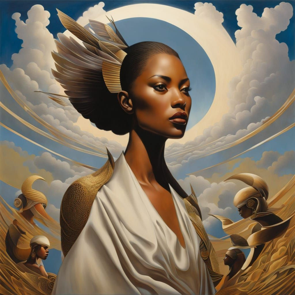 Surrealist Valkyrie Portrait in Motion with Clouds and Brush...