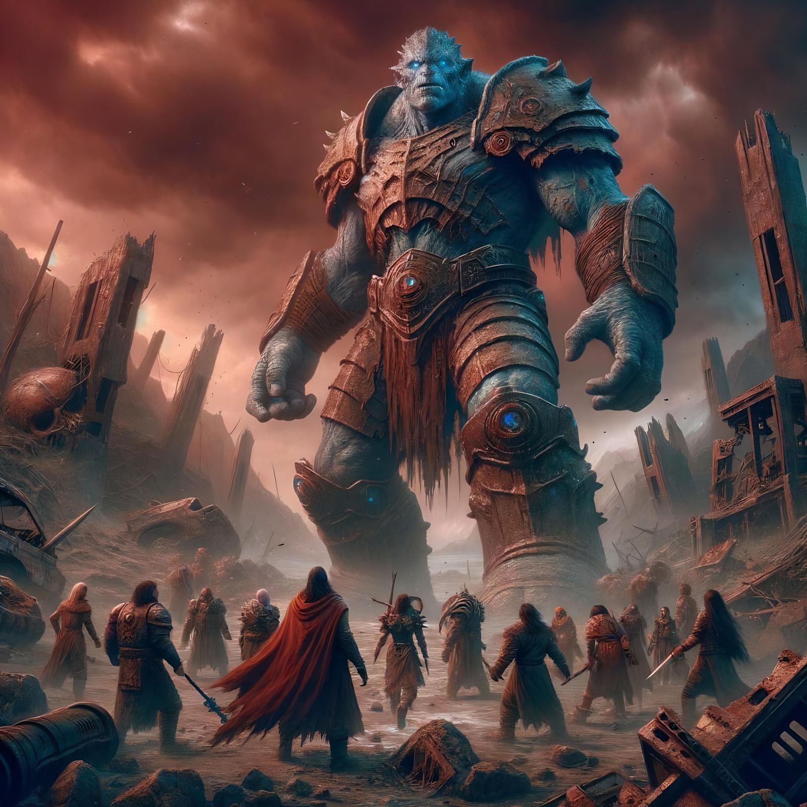 Surreal Fantasy Giant Stands Amid Wasteland Ruins in a Bleak...