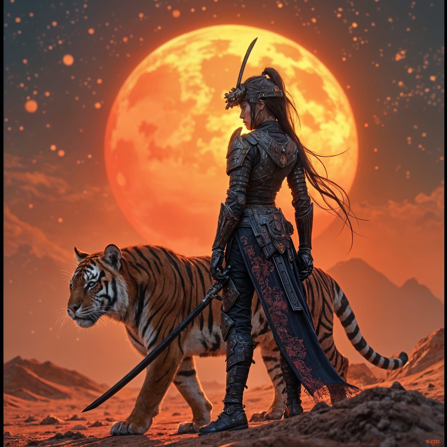 Cyberpunk Samurai Warrior and Tiger on Alien Planet