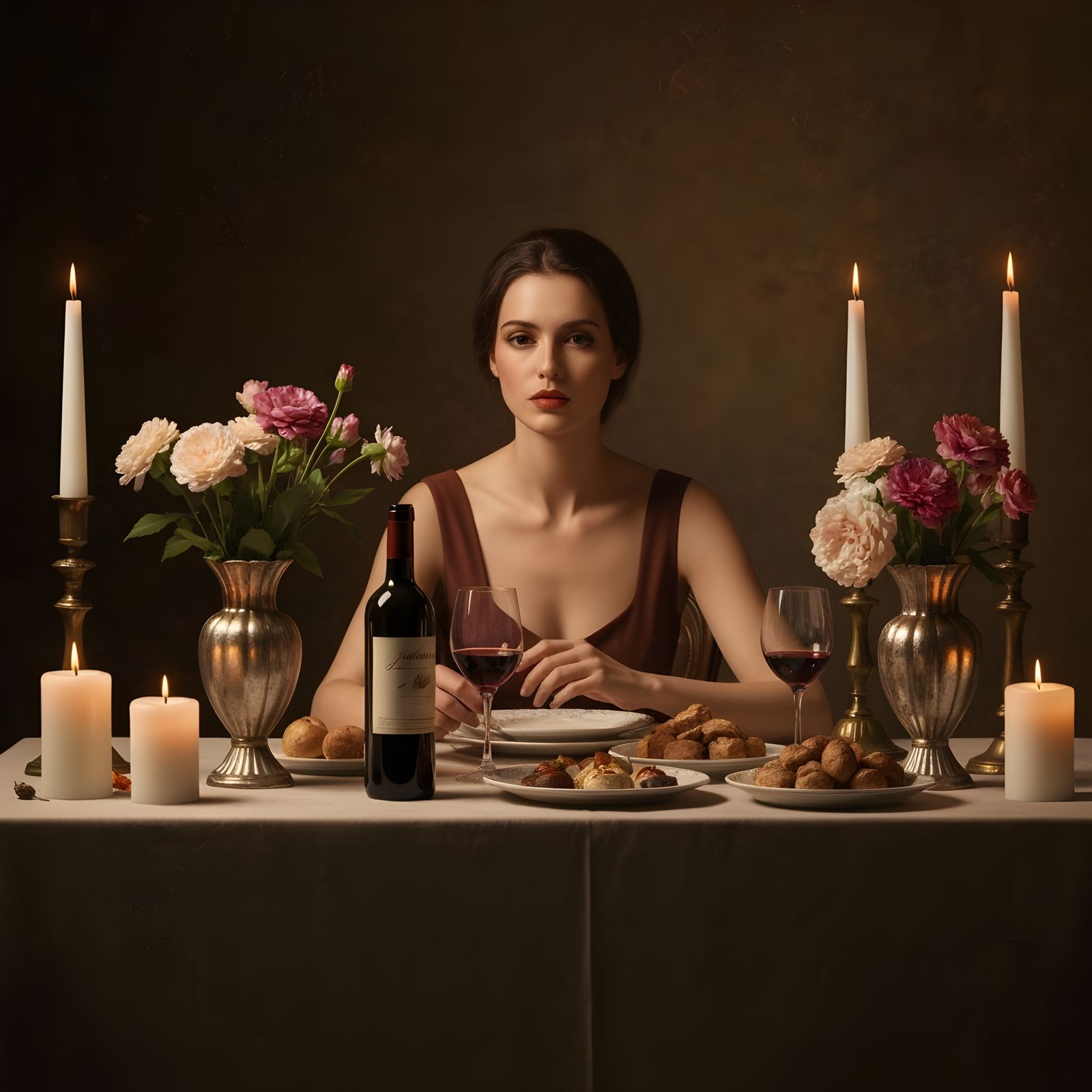 Italian Style Table Setting with Wine and Flowers