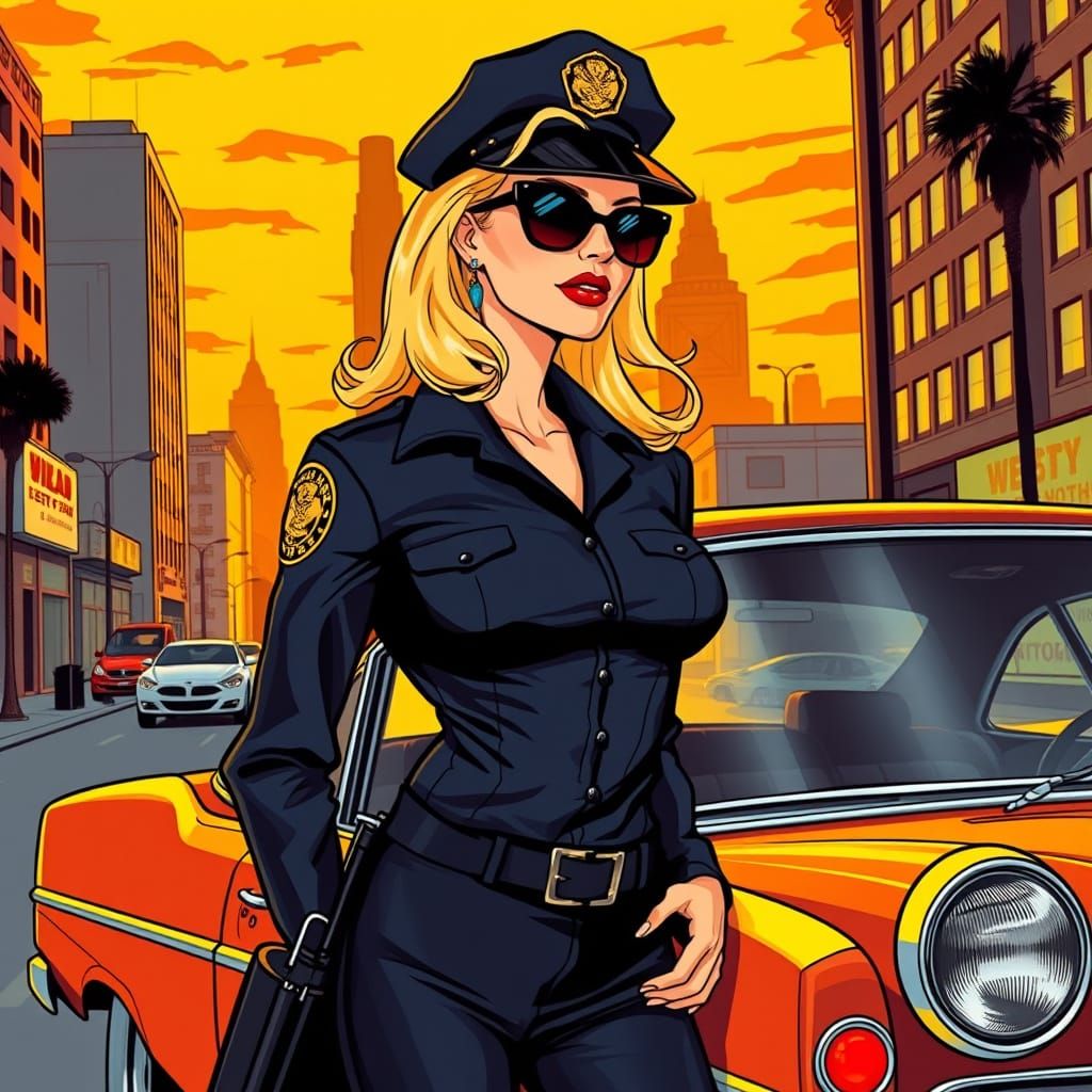 Retro Police Woman in 70s Cityscape