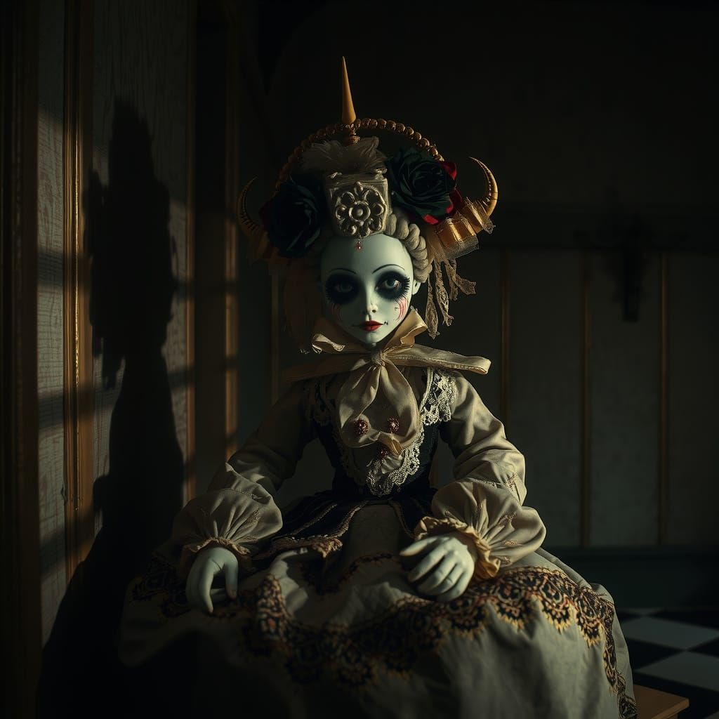 Eerie Victorian Doll in Atmospheric Lighting
