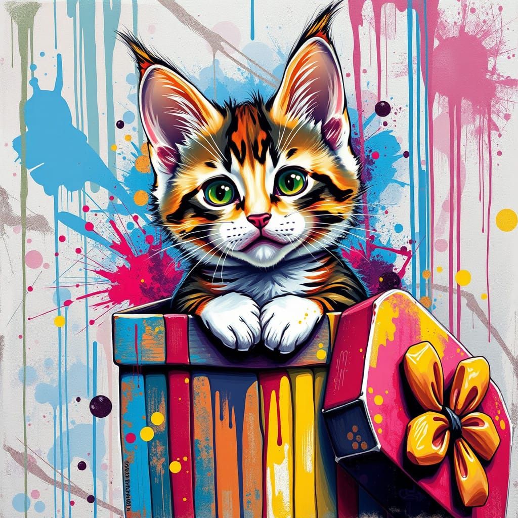 Vibrant Calico Rabbit Pops Out of Gift Box in Bold Graffiti....