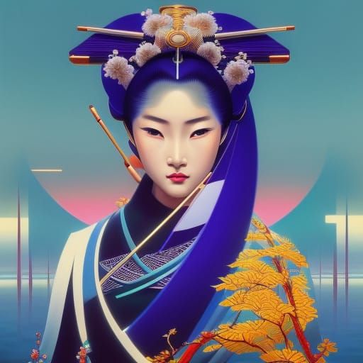 Elegant Asian Futurist Portrait in Vibrant Oil Painting Styl...