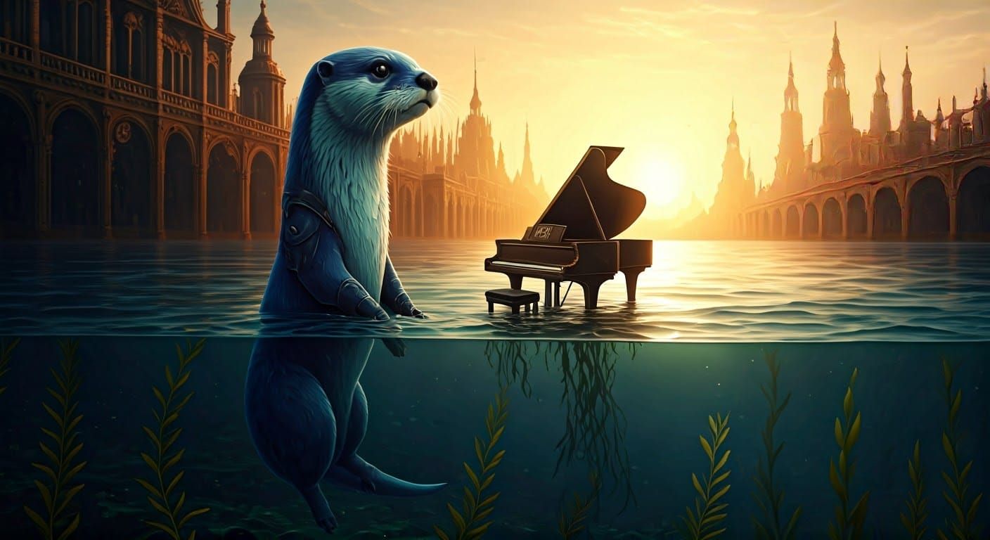 Cyberpunk Otter Performs Pianissimo in Retro-Futuristic Aqua...