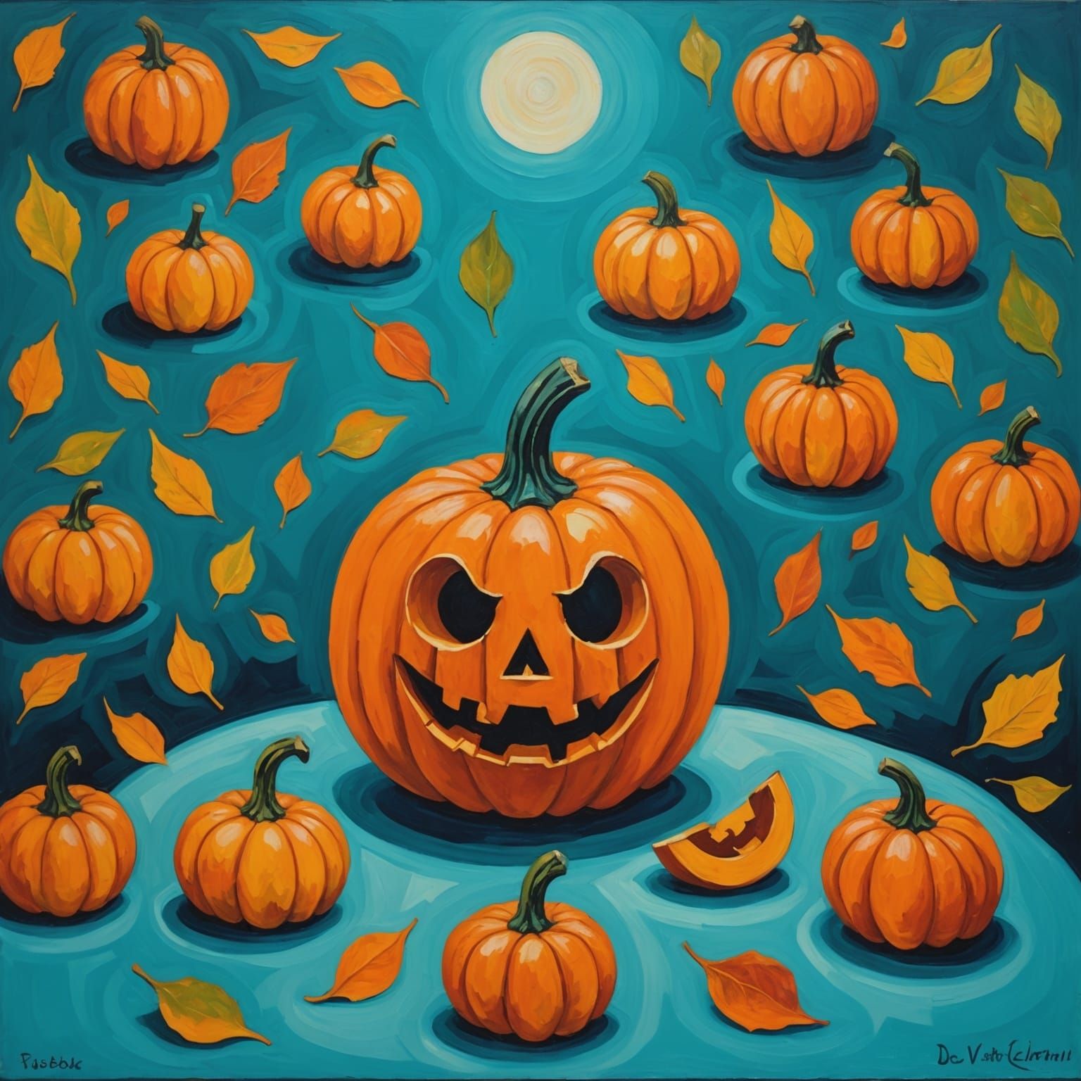 Fauvist Oil Painting of Whimsical Pumpkin Scene