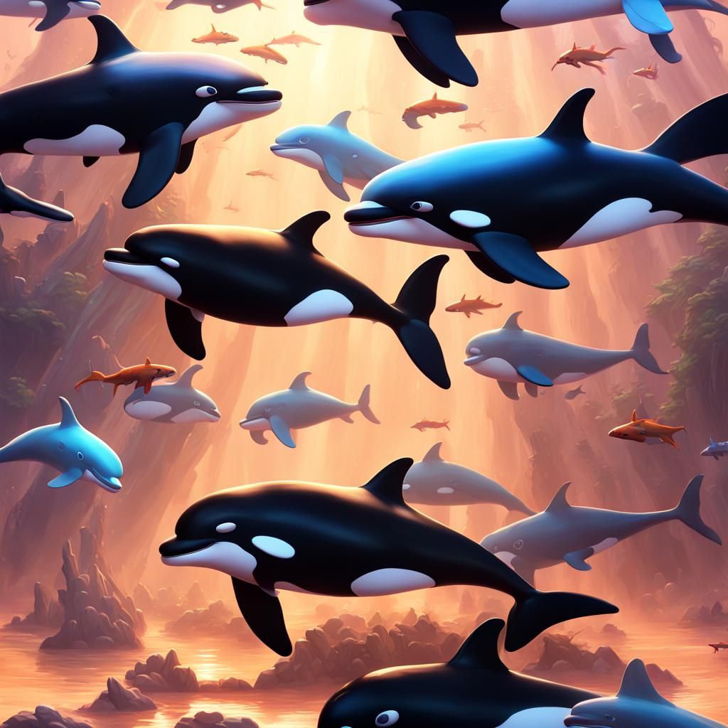 Surreal Dark Paradise Aerial Oil Painting of a Playful Kille...