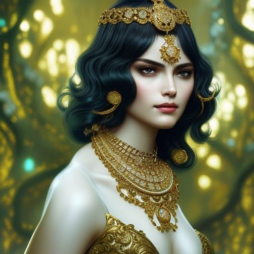 Woman's Portrait with Gold and Sapphire Necklace