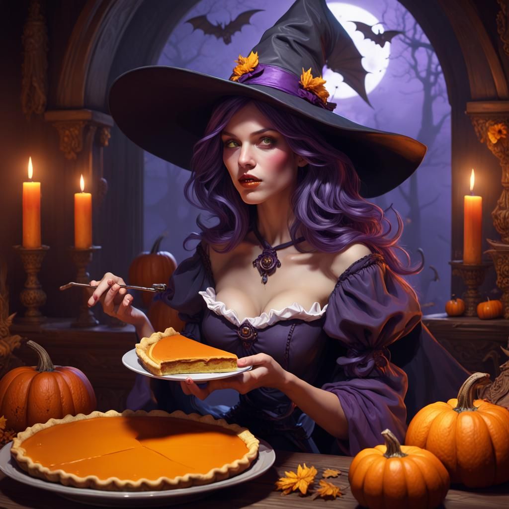 Dark Fantasy Witch Savoring Pumpkin Pie Masterpiece