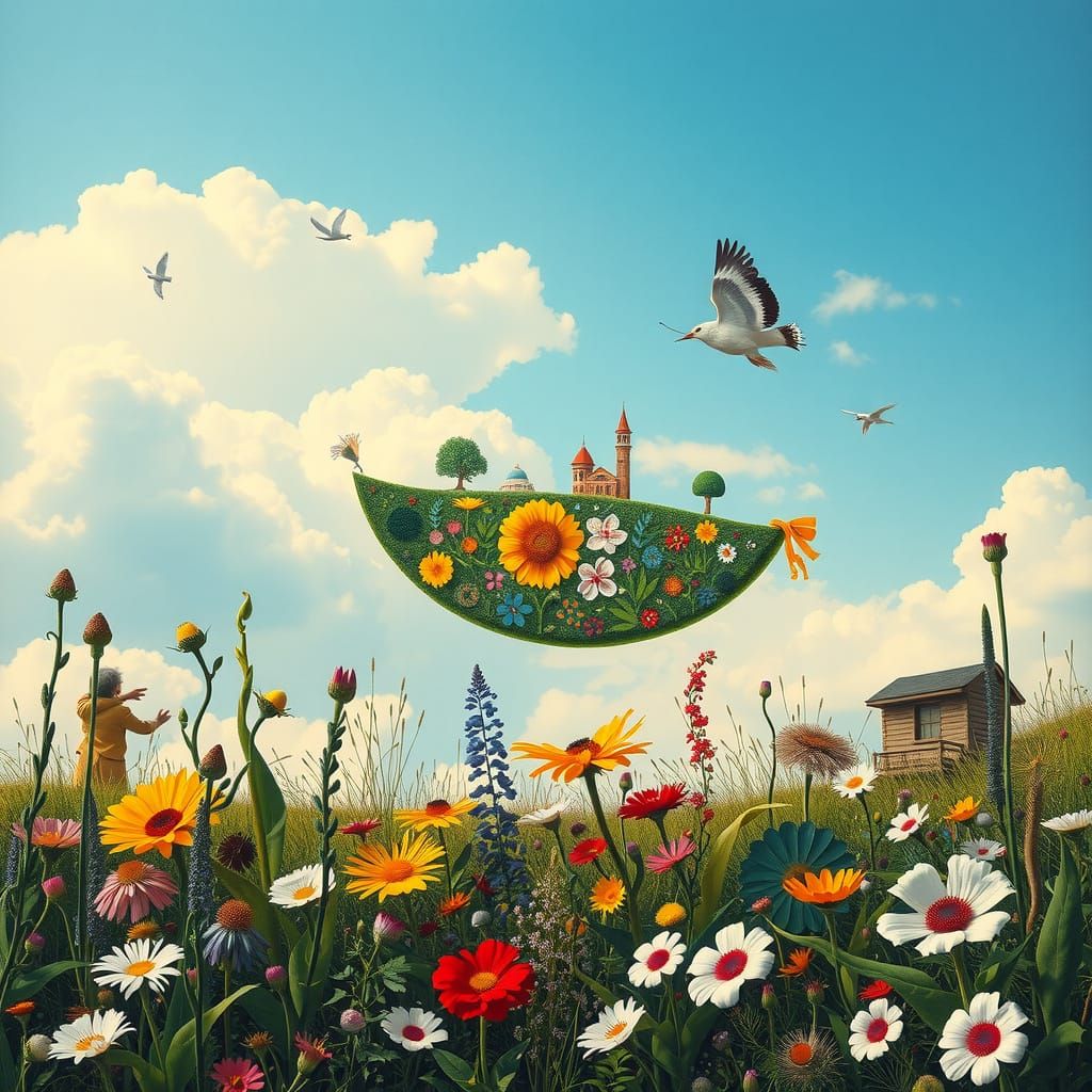 Surreal Collage with Flowers and Geometric Patterns