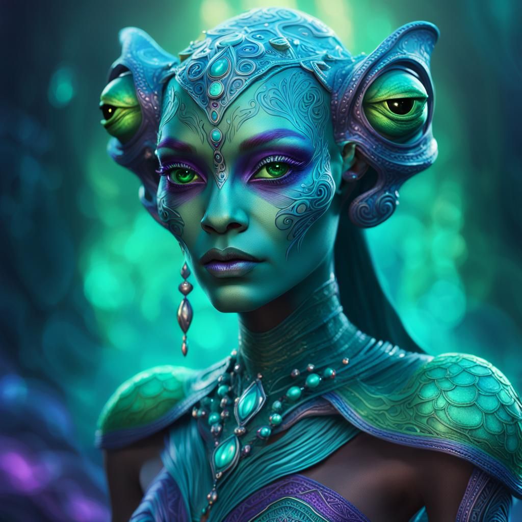 Ethereal Alien Goddess with Frog-Like Features