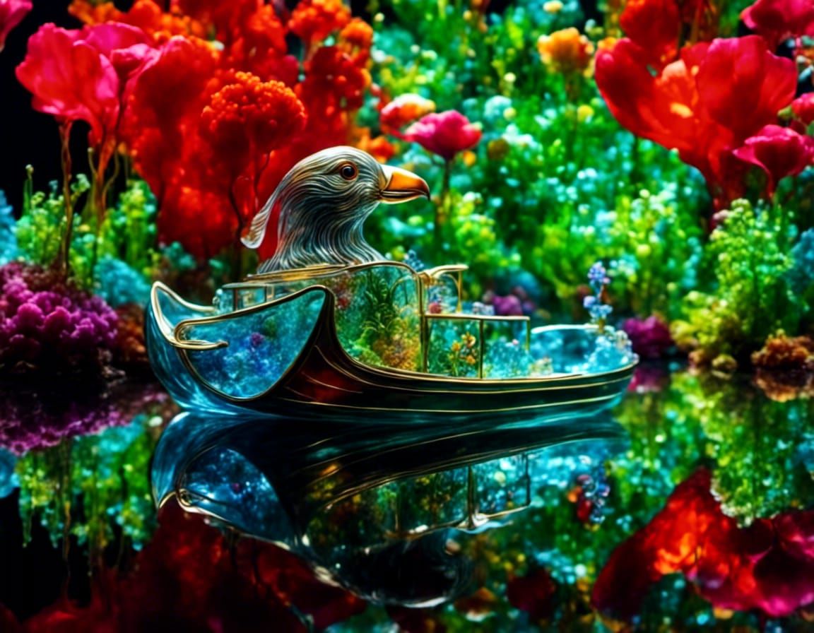 Psychedelic Puffin on a Surreal Boat