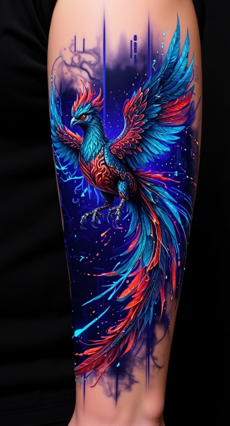 Cyberpunk Phoenix Arm Sleeve Tattoo Design