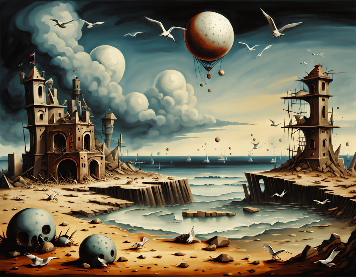 Surreal Beach Scene: Mechanical Sphere, Seagulls, and Ruins
