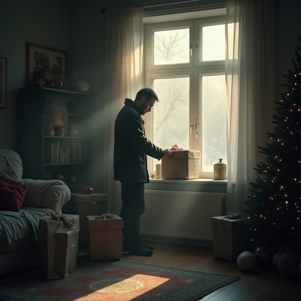 Solitary Figure Packing Away Christmas Decorations in Soft W...