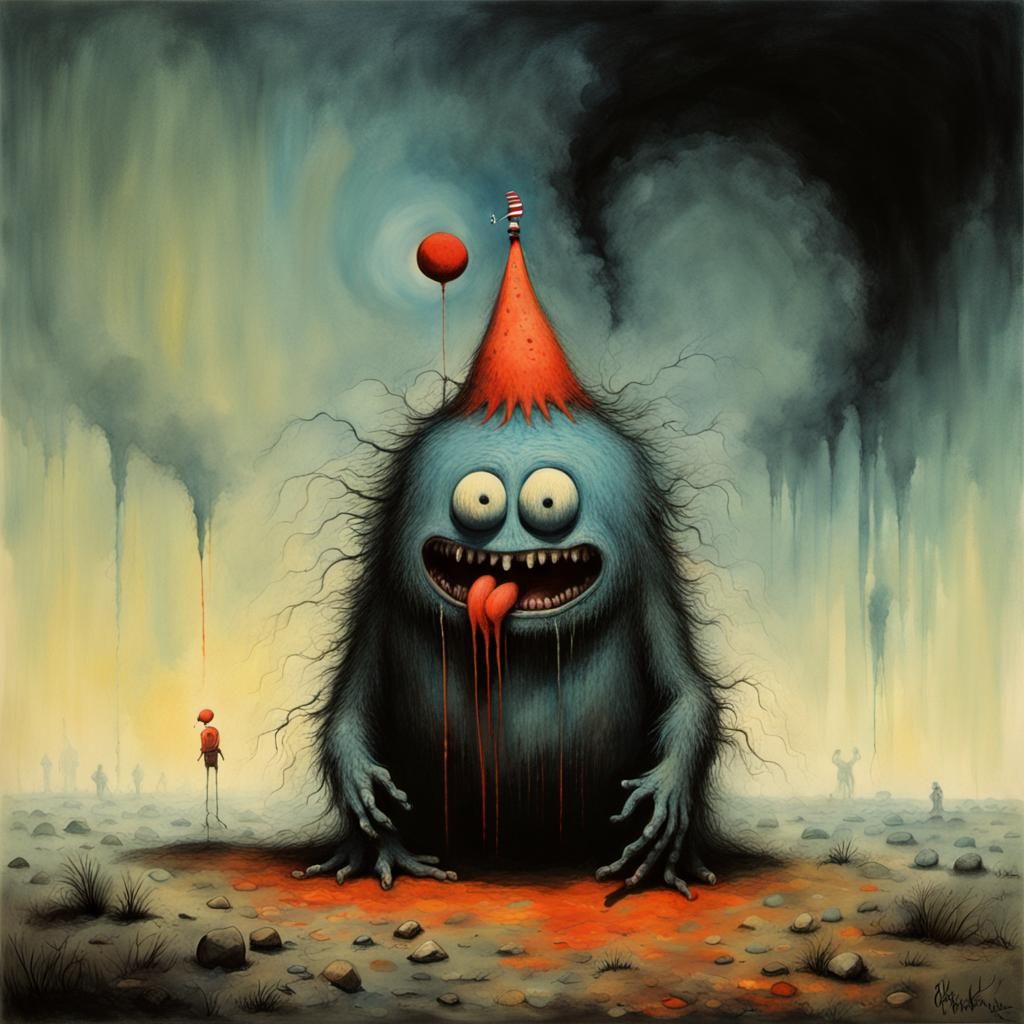 Surreal Gouache Masterpiece of a Monster in a Maze of Colorf...