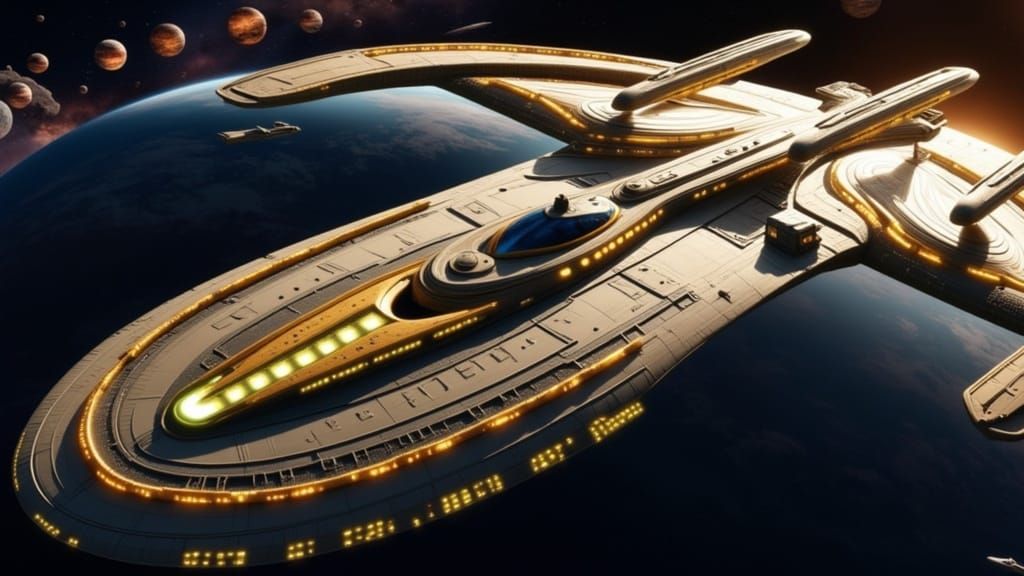 Massive Starship in Neon Gold and Blue, Blending Futuristic...