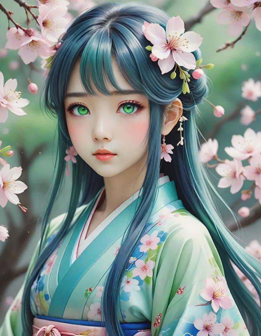 Whimsical Watercolor Portrait of a Japanese Princess