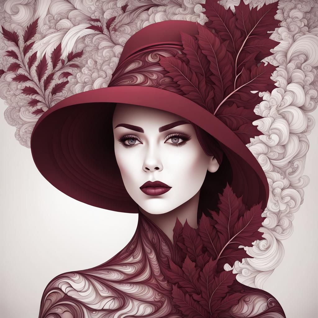 Woman in Burgundy with Leafy Headpiece