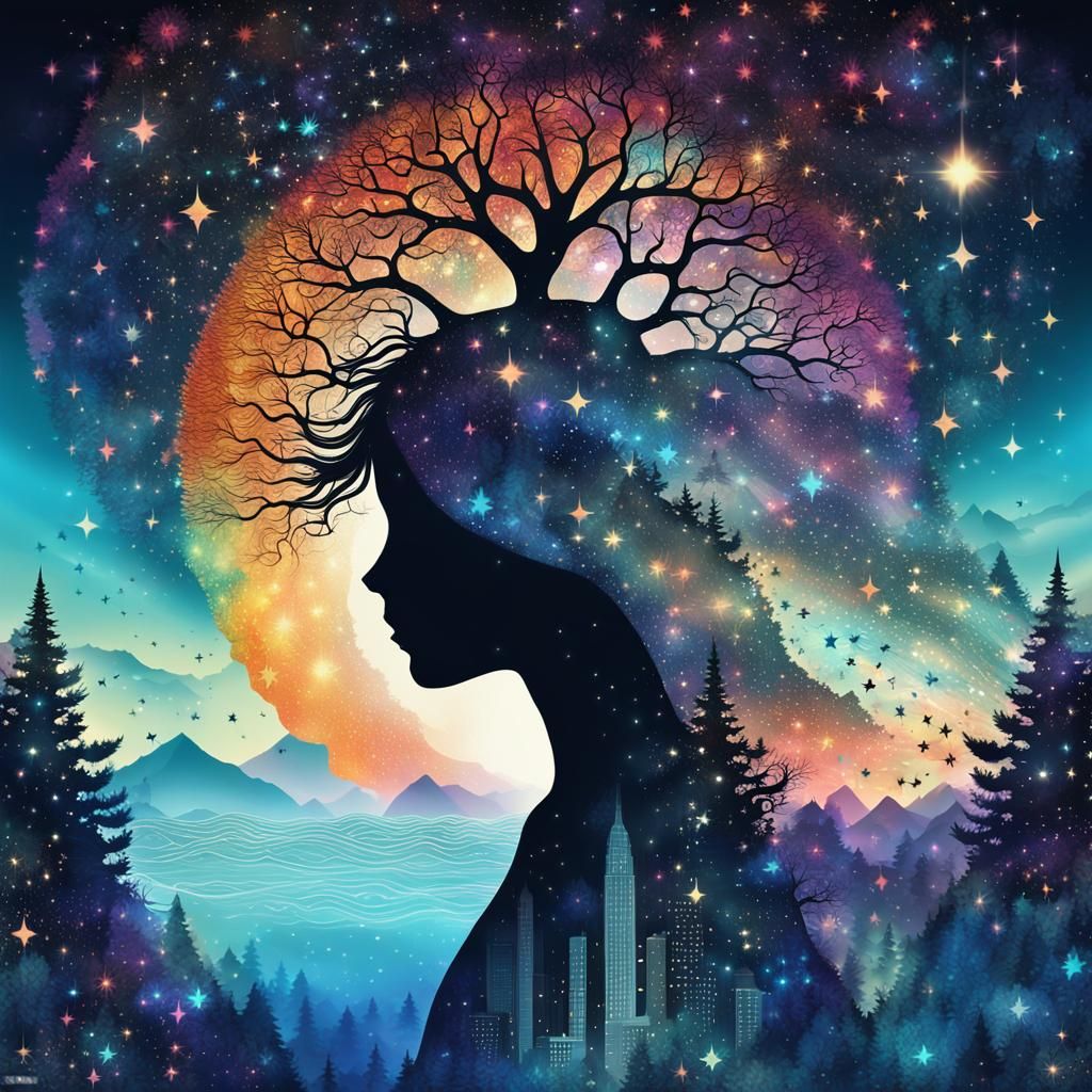 Surreal Cosmic Goddess Emerge from Celestial Waterfall in Vi...