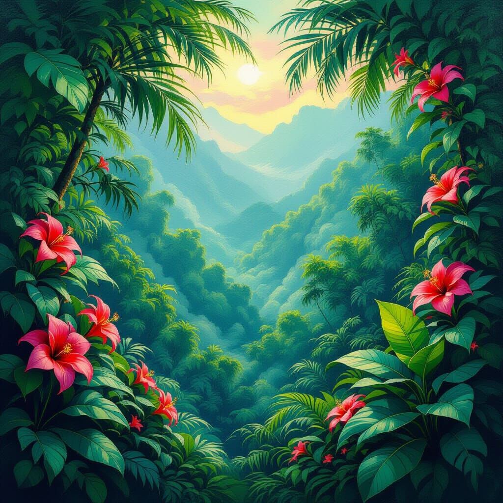Lush Tropical Rainforest in Oil Painting Style