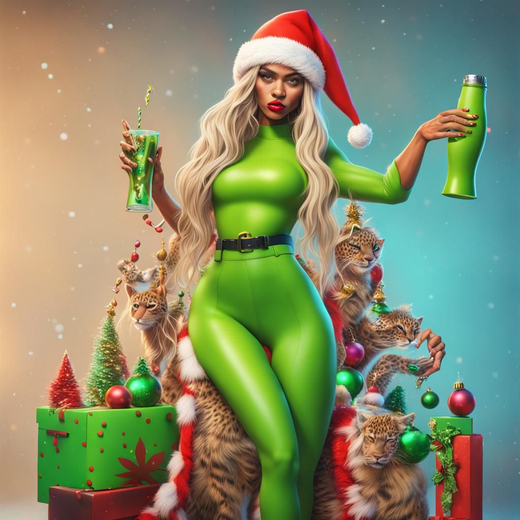 Glamorous Grinch Girl in Vibrant Jumpsuit with Leopard Santa...