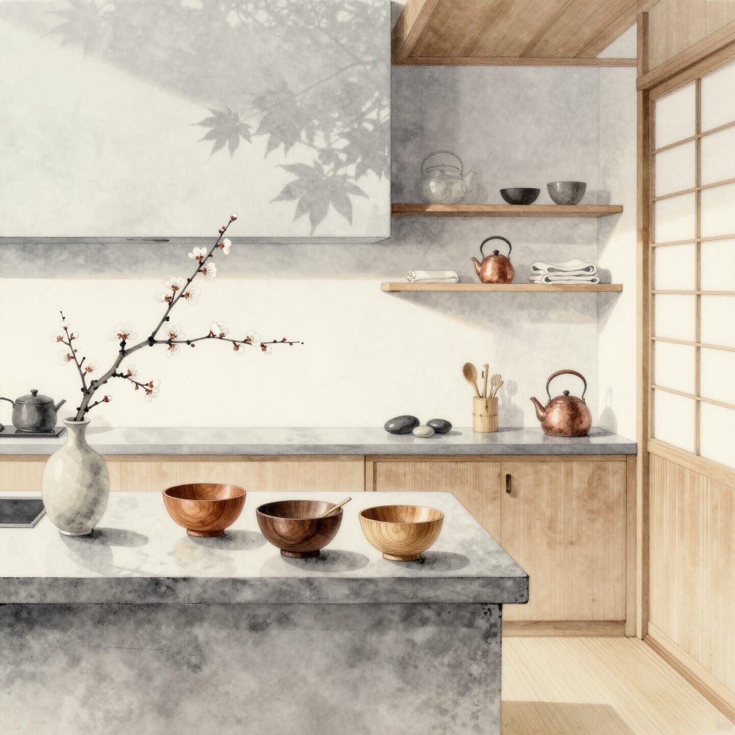 Wabi-Sabi Kitchen in Japanese Watercolor Style