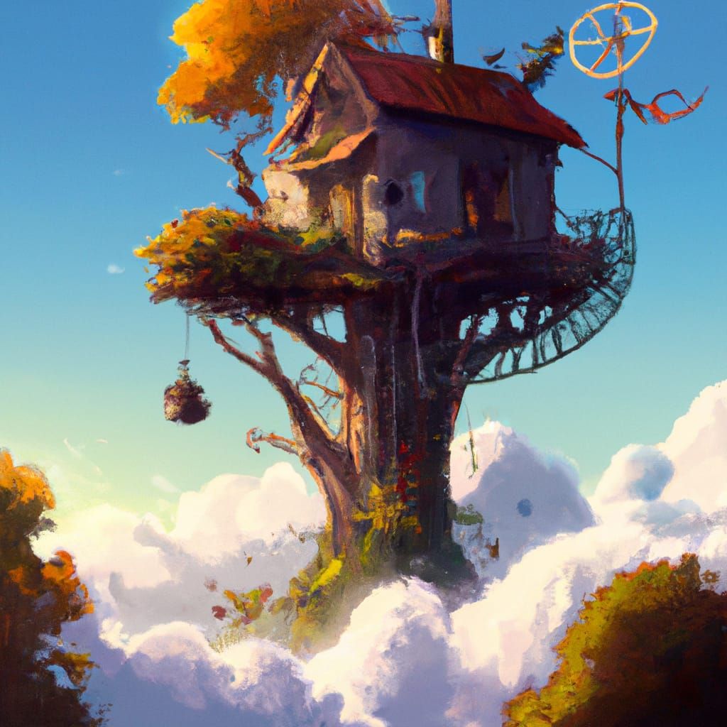 Dreamy Treehouse Skyscape in Whimsical Digital Painting