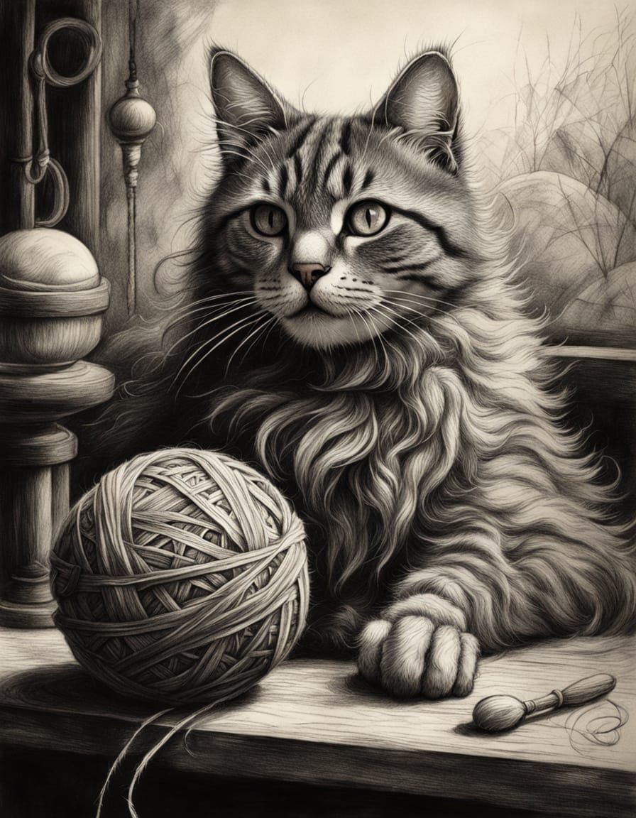 Majestic Feline Plays with Yarnball in Dürer-Inspired Master...