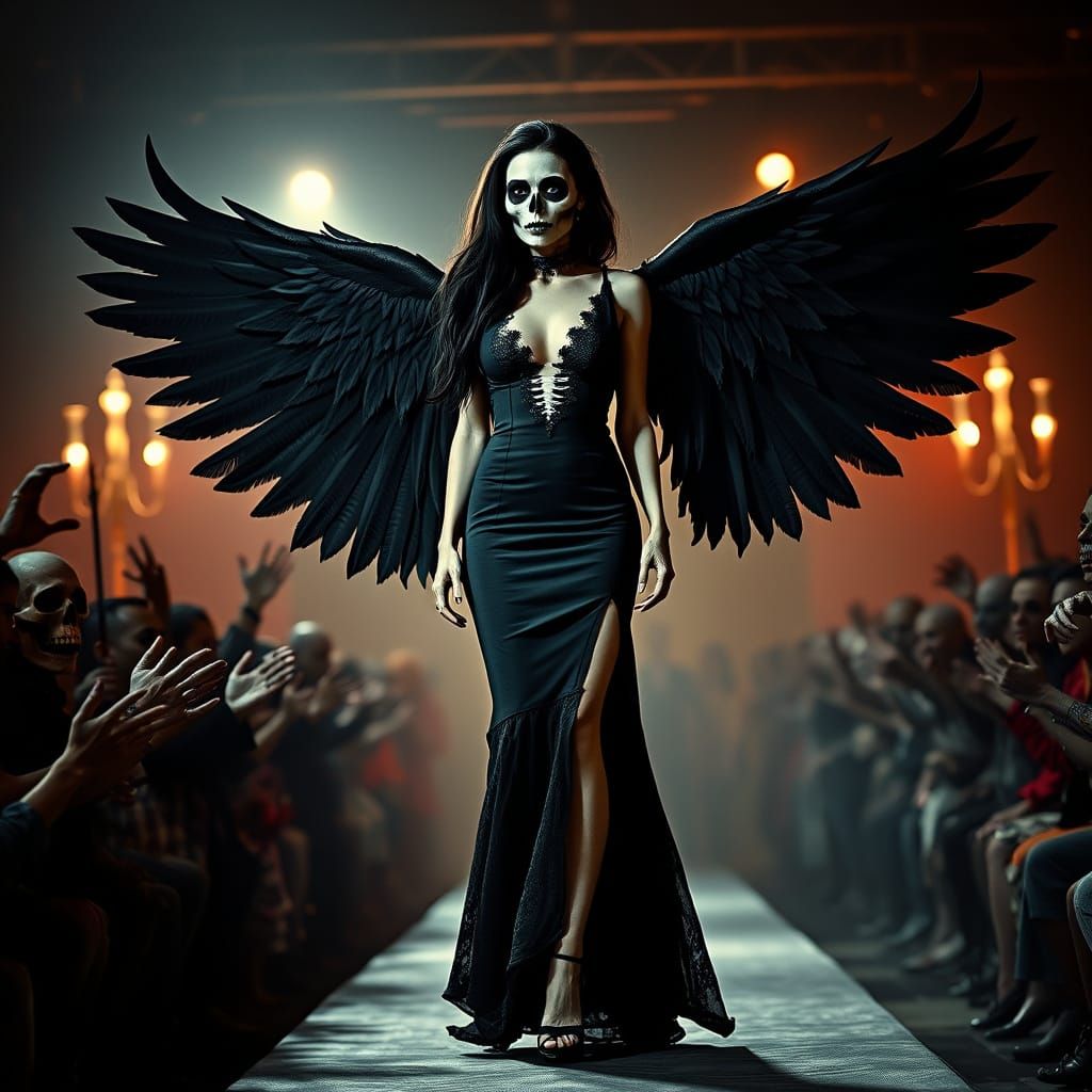 Glamorous Angel with Skull Face, Elegant Dark Goddess