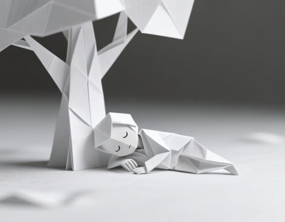 Minimalist Origami Man Sleeps in White Paper World