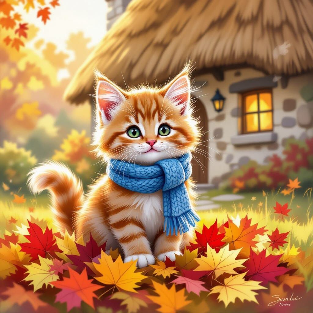 Fluffy Kitten in Scarf Amidst Autumn Leaves in Fairytale Sty...