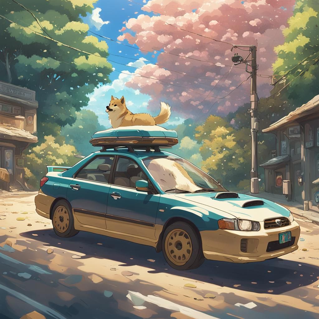 Doge Cruising in a Subaru, Inspired by Studio Ghibli Animati...