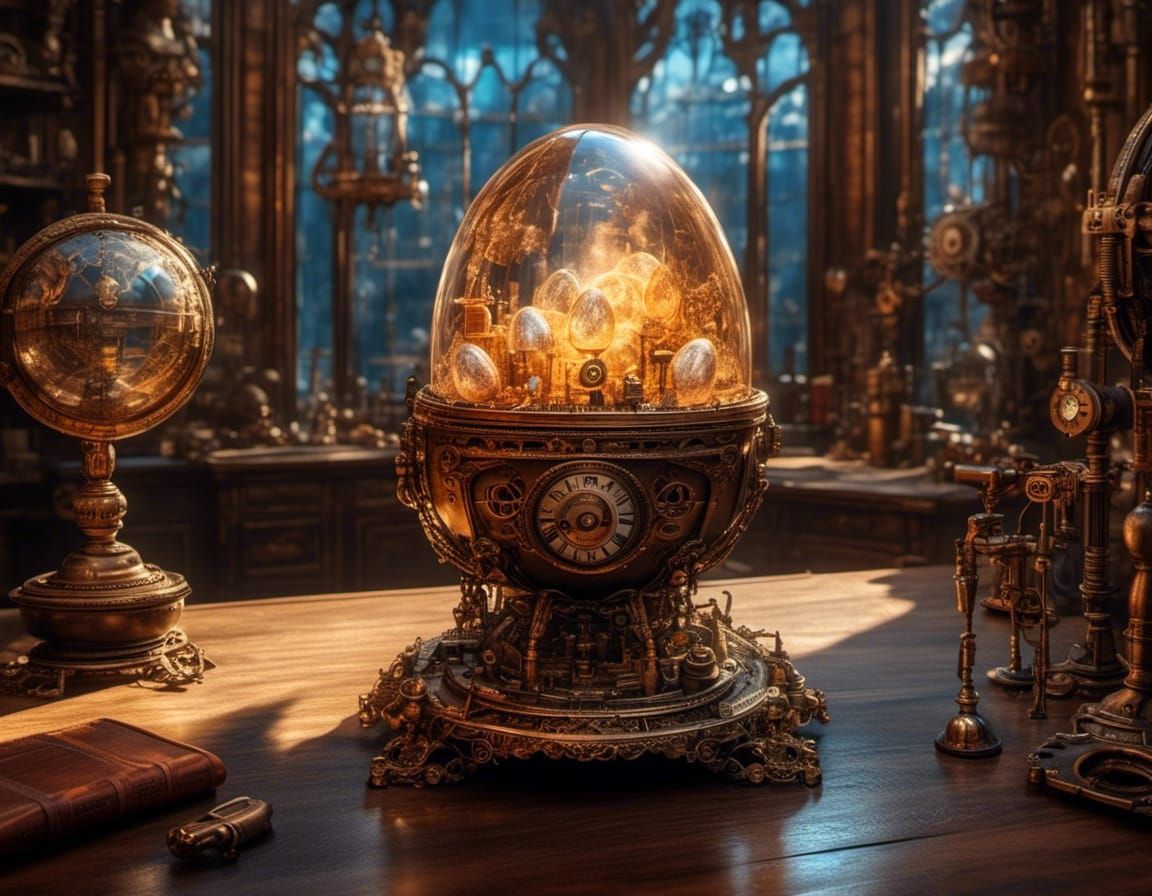 Glowing Steampunk Crystal Egg on Ornate Bronze Pedestal