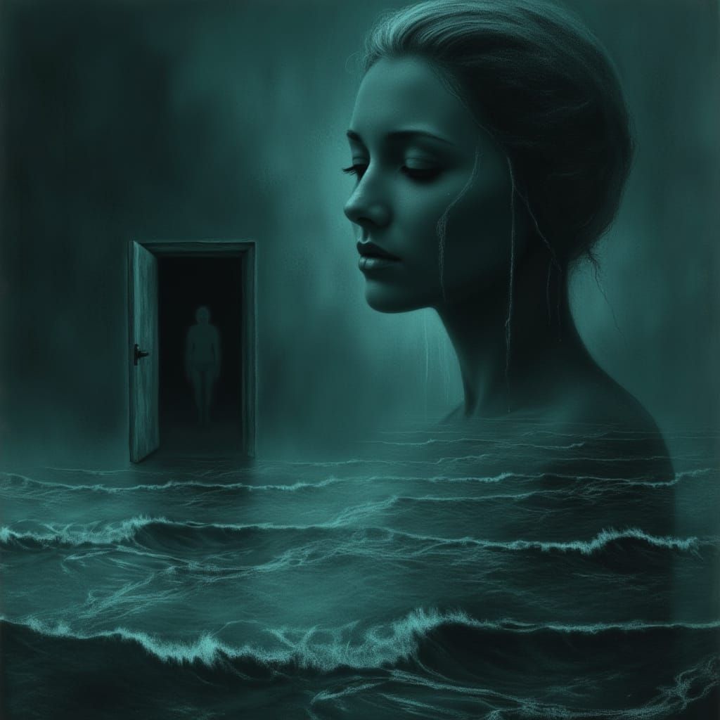 Melancholic Woman on Desolate Shore with Ghostly Figure