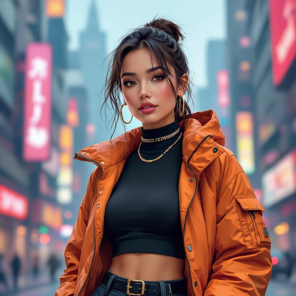 Trendy Woman in Futuristic Cityscape Art