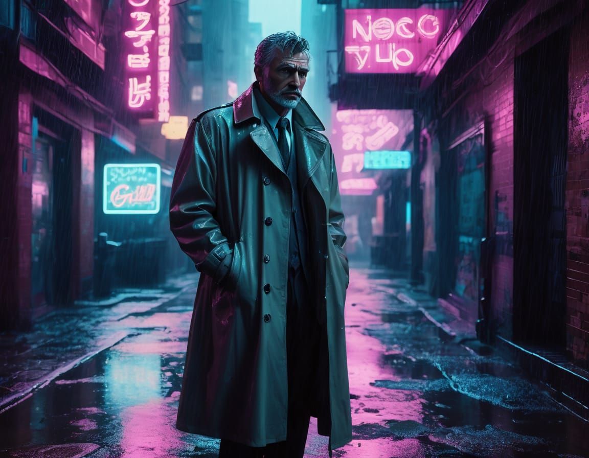 Cyberpunk Detective Investigates Glowing Data Chip