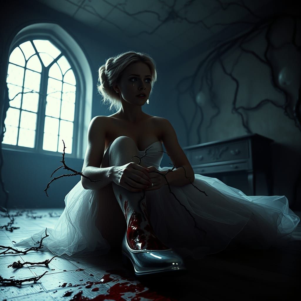 Elegant Cinderella Consumed by Dark Magic in Gothic Scene
