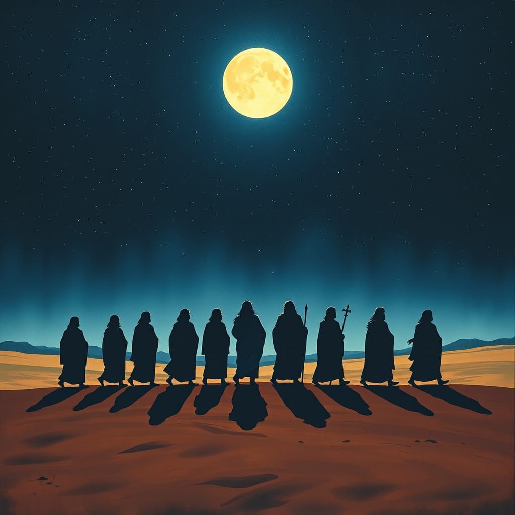 Jesus and Apostles in Moonlit Desert, Abstract Expressionism