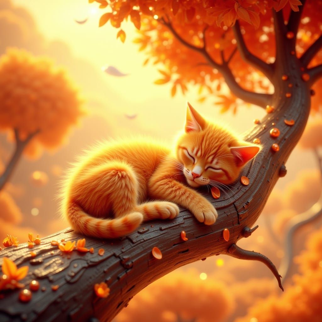 Orange Cat Sleeps in Orange Tree, Pixar-Style 3D