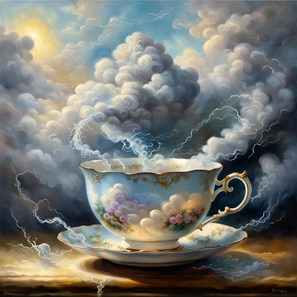 Whimsical Storm Cloud in a Teacup: A Thomas Kinkade-Inspired...