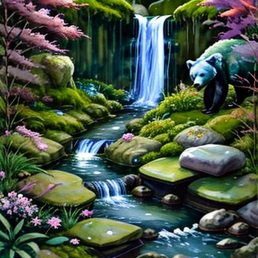 Ethereal Gouache Masterpiece: A Bear Watches Salmon Leap in...